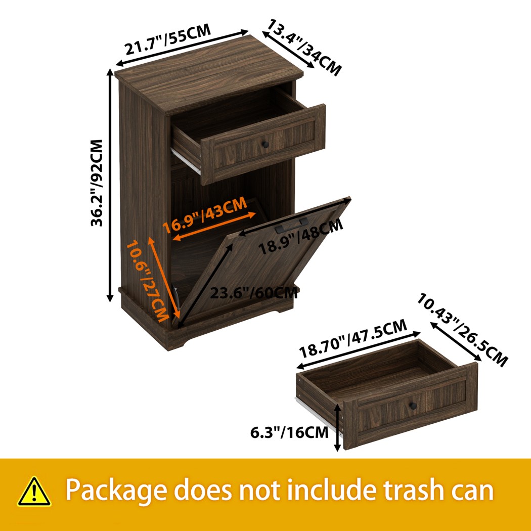 10 Gallon Tilt Out Trash Cabinet, Freestanding Garbage Can Storage with Drawer, Kitchen Recycling Cabinet, Antique Brown Trash Bin Holder, Antique Brown