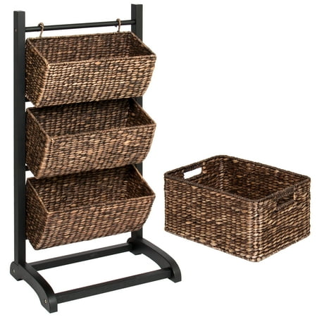 - Best Choice Products 3-Tier Water Hyacinth Floor Rack Stand Organizer, Tower Cubby Display w/ Hanging Storage Baskets, Metal Frame - Brown