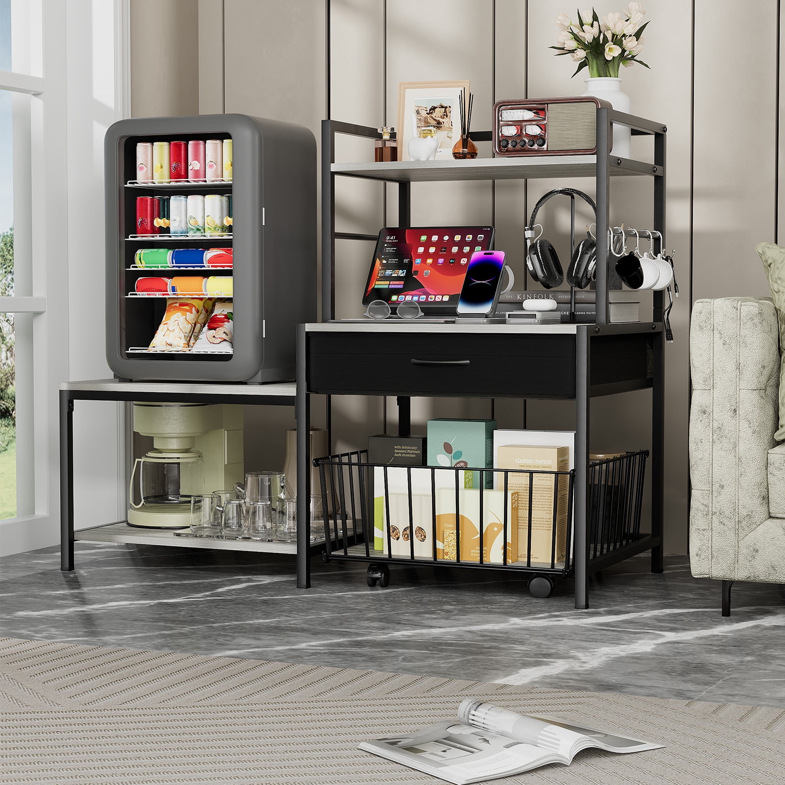 Mini Fridge Stand with Storage, Mini Refrigerator Stand with Movable Storage Basket
