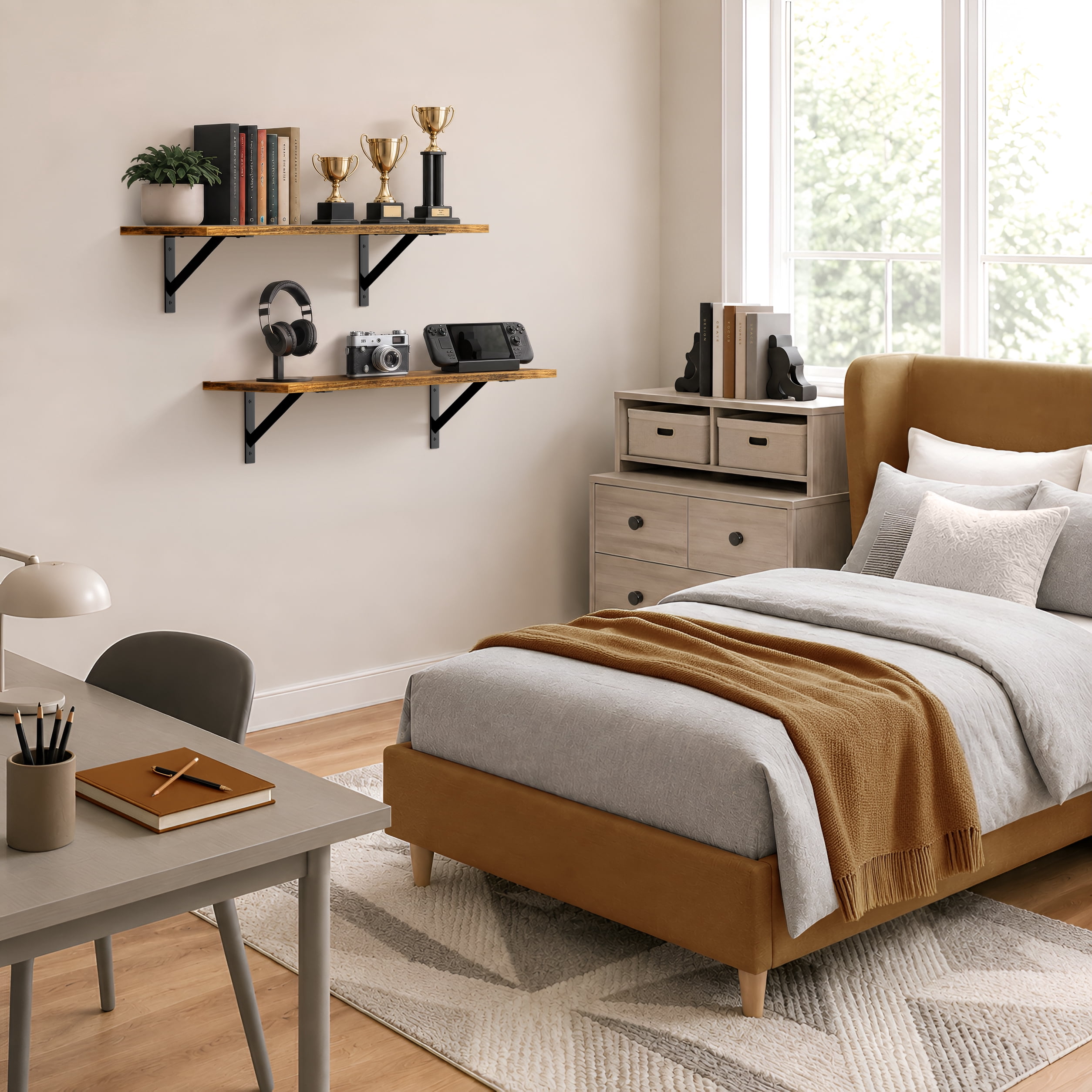 Sorbus Wall Shelves 31.5" with Black Metal Brackets, Floating Storage Shelves, Brown, Set of 2