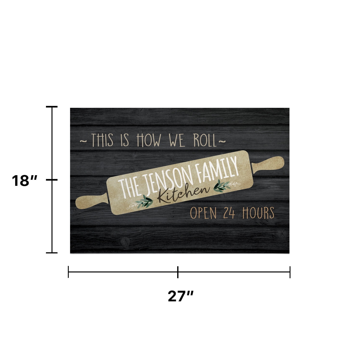 Personalized Planet 27x18 This is How We Roll Open Hours Kitchen Rolling Pin Doormat with Custom Family Name Printed on Dark Gray Rectangular 1/8” Thick Non Slip Mat for Kitchen Hallway Deck or Porch