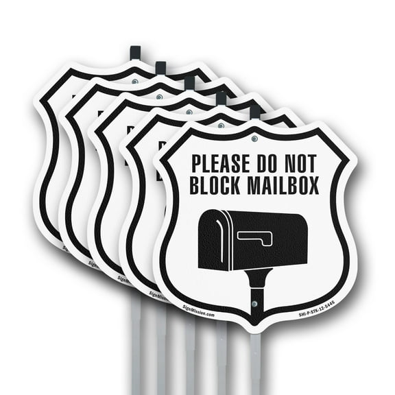 Please Do Not Block Mailbox (5 Pack) 12 inch X 12 inch Shield Shaped Commercial Grade Plastic Signs with Aluminum Mounting Stakes Weather Resistant Made in the USA