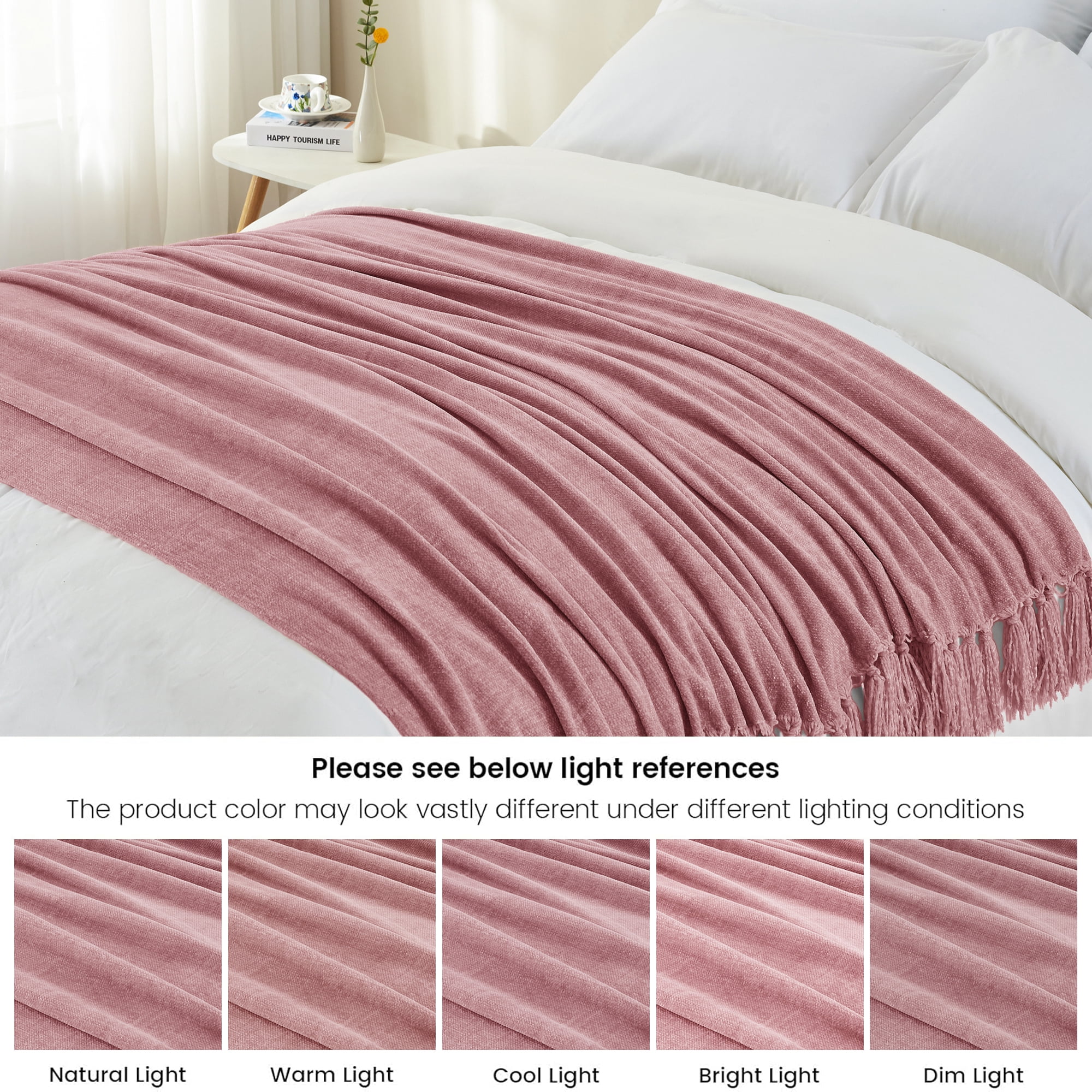 LONG CREATE Chenille Throw Blanket with Fringe Tassel for Couch Sofa Chair Bed, Mauve 60" x 90"