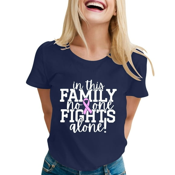 Women's Fashionable Casual Breast Cancer Round Neck Letter Printed Short Sleeved T Shirt Top 1