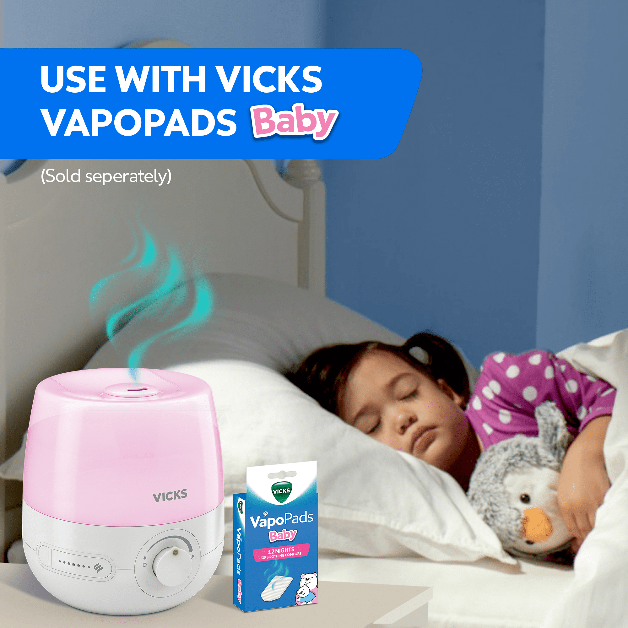 Vicks Baby 0.6 gal Cool Mist Humidifier, Color Changing Night Light & 1 Bonus VapoPad, 200 sq ft