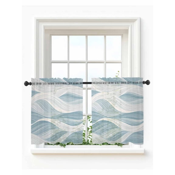 White Blue Ombre Stripe Tier Curtains 36 Inch Length,Sheer Curtains for Bedroom Living Room,Modern Abstract Moire Waves Rod Pocket Voile Drapes Kitchen Curtains Small Half Window 27.5"x36" 2 Panels
