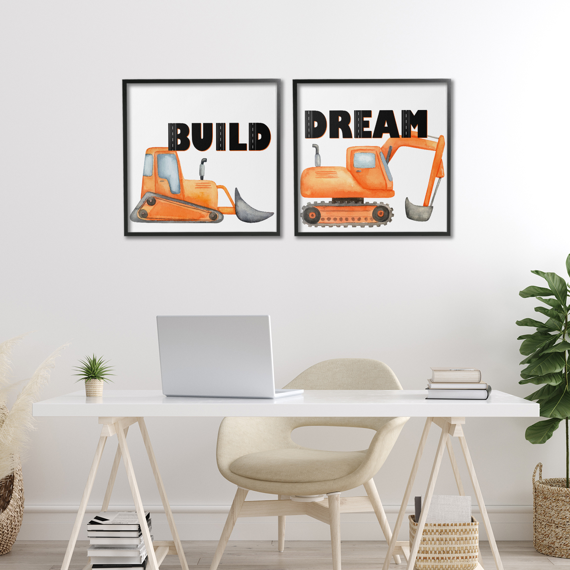 Build & Dream Construction Vehicles 2 Piece Black Framed Giclee Art Set, design by Kim Allen