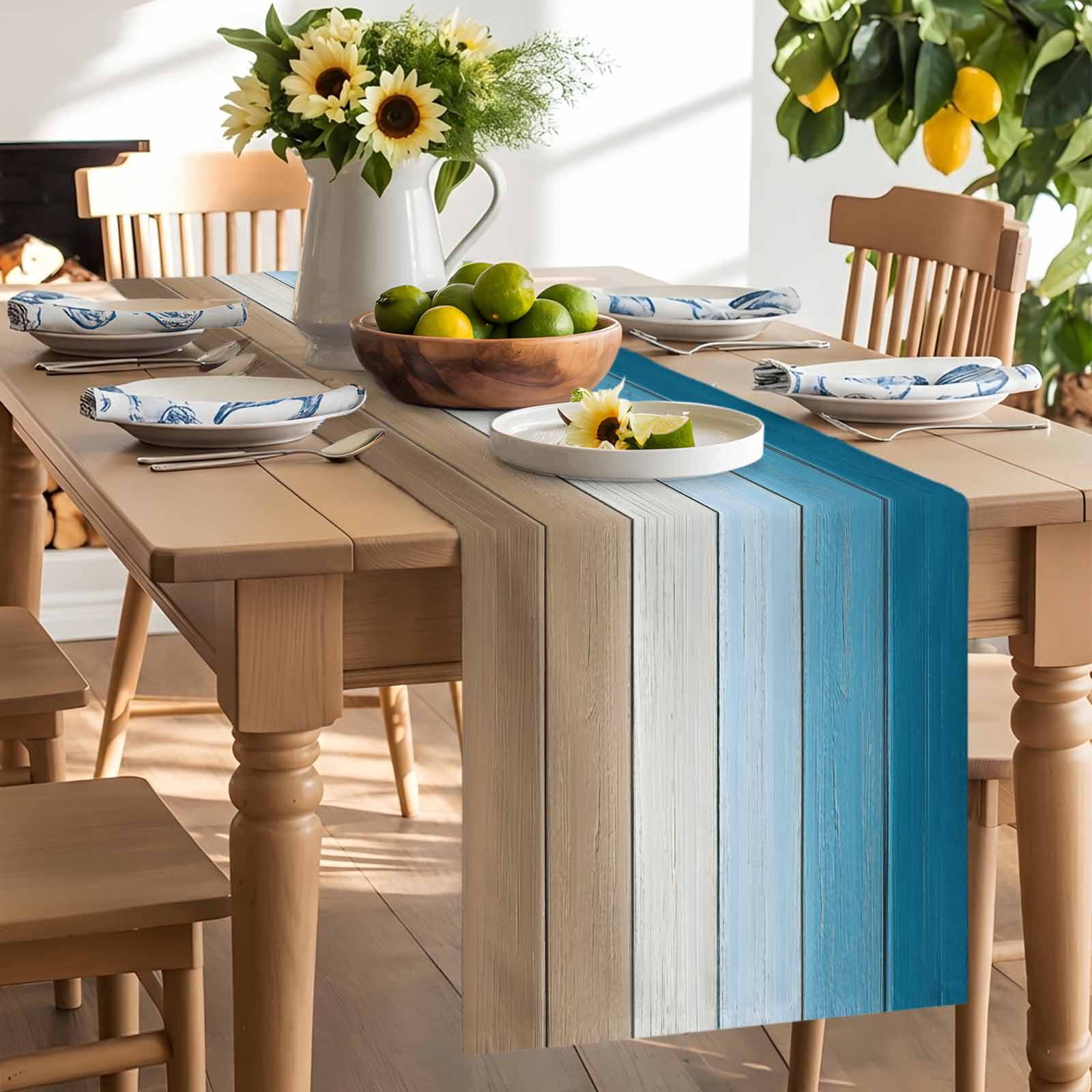 Watercolor Blue Gradient Wood Board Table Runner 90 Inches Long, Farm Brown Wooden Table Runners Tabletop Scarf Kitchen Dining Tables Decoration for Home Party Indoor Outdoor