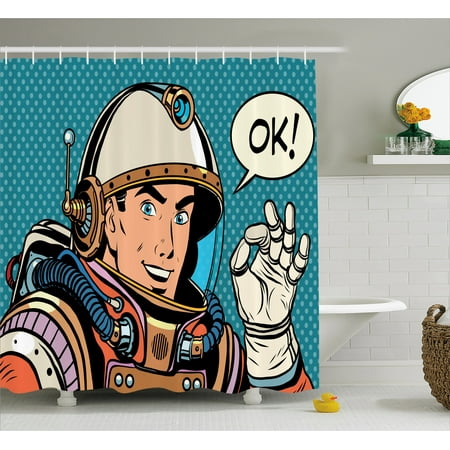 Astronaut Shower Curtain Middle Aged Sapce Man Gesturing And Saying Astronaut Shower Curtain Middle Aged Sapce Man Gesturing And Saying Ok Sch Bubble Space Themed