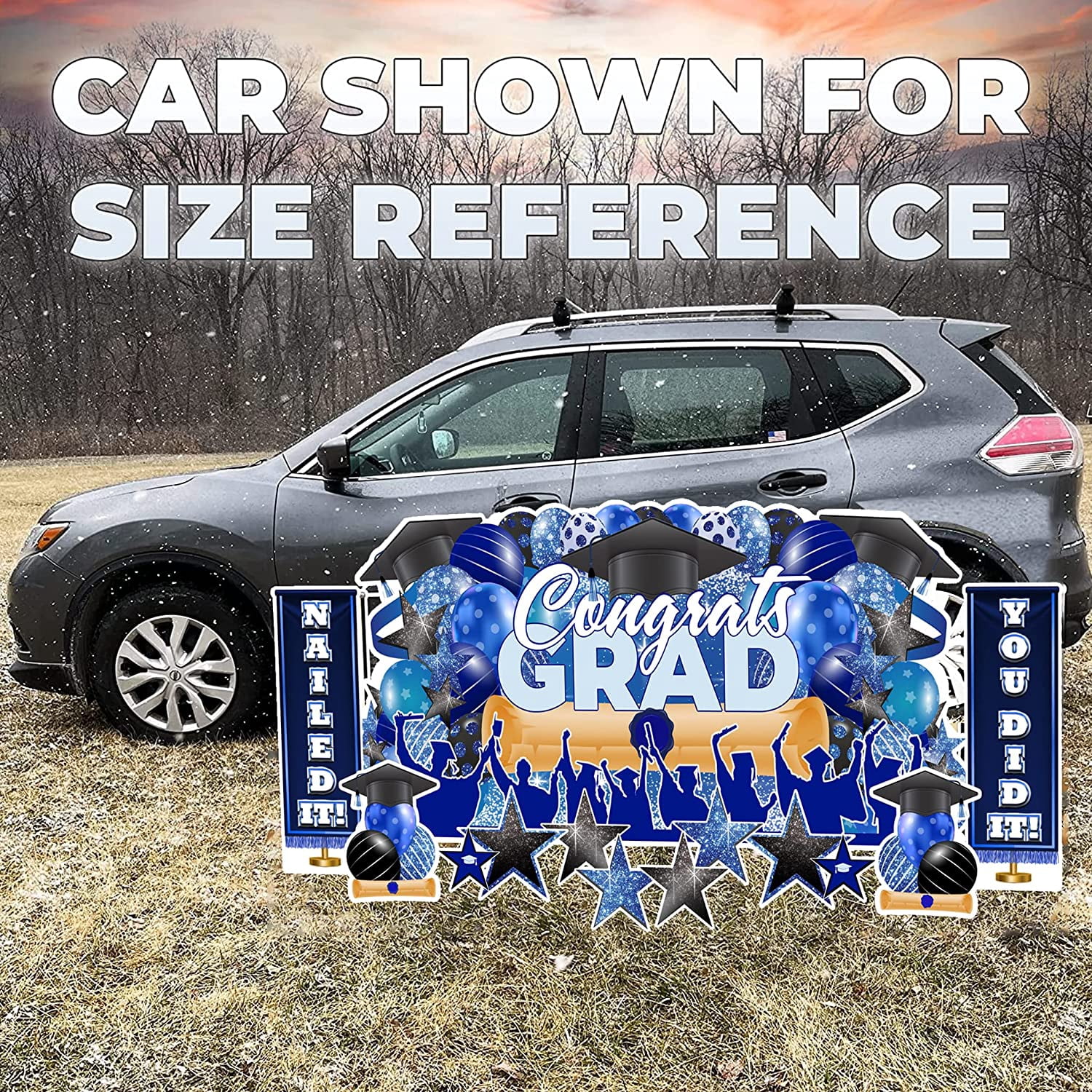 Jumbo Graduation Yard Sign Set 3x6 Feet, Congrats Grad Sign , Waterproof Corrugated Plastic, Includes Stakes (Blue)