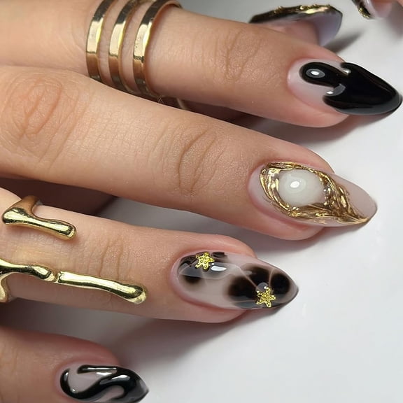 3D Handmade Press on Nails Brown Almond Fake Nails with Stereoscopic Flower Cross Designs Medium Length French Glue on Nails Glossy False Nails Reusable Stick on Nails for Women Girls Manicure 24Pcs
