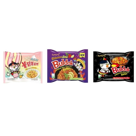 3 Packs Samyang Korean Artifical Spicy Chicken Stir Fried Ramen Roasted Noodles 3 Different Flavors (Creamy Carbonara,Habanero Lime,Original) Plus NineChef Brand Long Handle Coffee Spoon