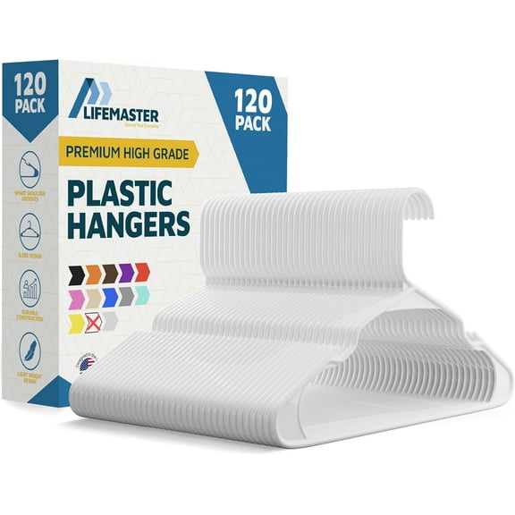 Lifemaster Plastic Clothes Hangers, Heavy-Duty Set for Shirts, Dresses, and Coats, Space-Saving Design with Non-Slip Grooves, Holds Up to 5 lbs, Pack of 120