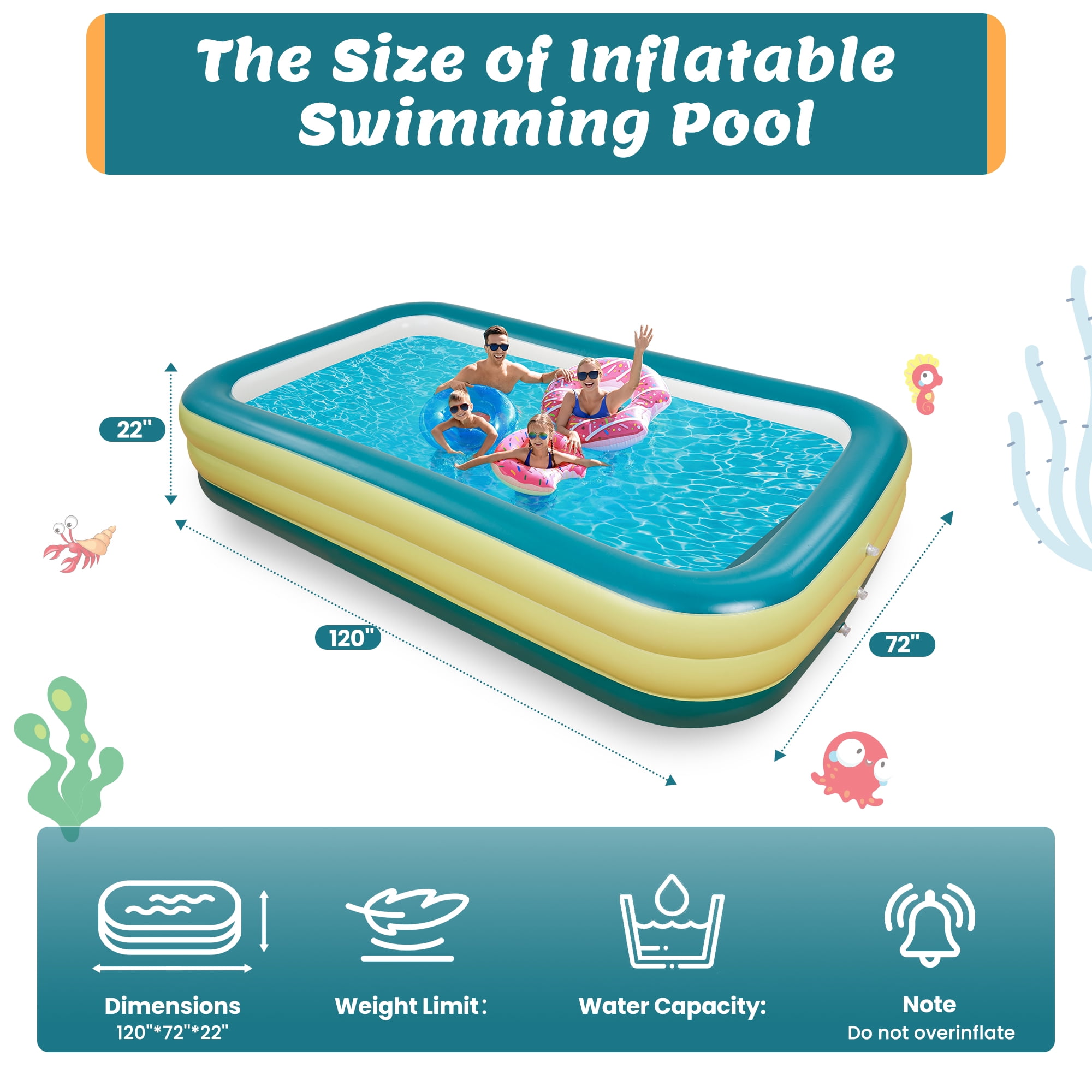 Naipo Inflatable Swimming Pool 120"x72"x22" Blow up Pool , Full-Sized Above Ground Family Pool, Summer Water Party, Backyard, Outdoor Beach Garden Lawn , Yellow