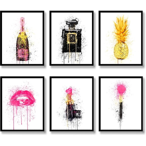 Fashion Wall Art Prints Set of 6 Watercolor style Canvas Wall Art Decor Makeup Perfume Lipstick Lips Champagne Pictures Photos Posters for Bedroom Living Room (8"x10" UNFRAMED)