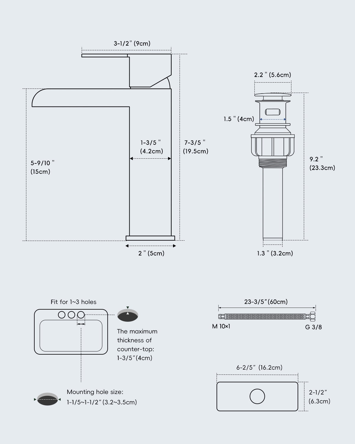 DAYONE Matte Black Single Handle Bathroom Sink Faucet, 1 Hole Waterfall Bathroom Faucets with Pop Up Drain, Single Hole Mixer Tap Includes Optional 6-inch Squre Deckplate Stainless Steel
