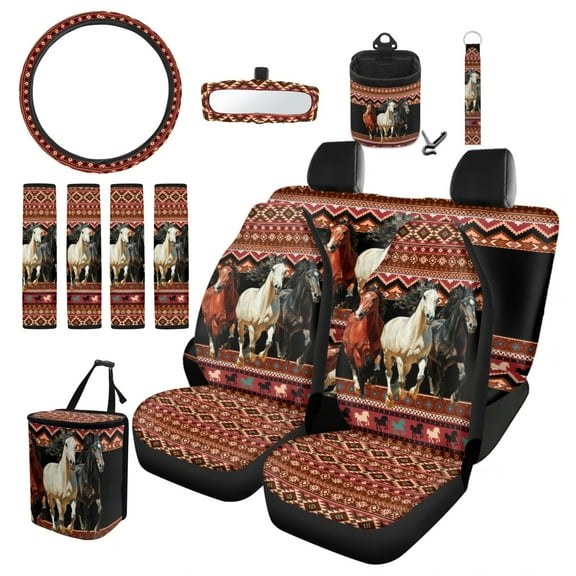 Garronmavis Aztec Western Horse 13 Pcs Car Accessories Set 4 Pieces Car Seat Covers Steering Wheel Cover Keychain Car Trash Can Car Dash Accessories Auto Rear View Mirror Covers Universal Fit