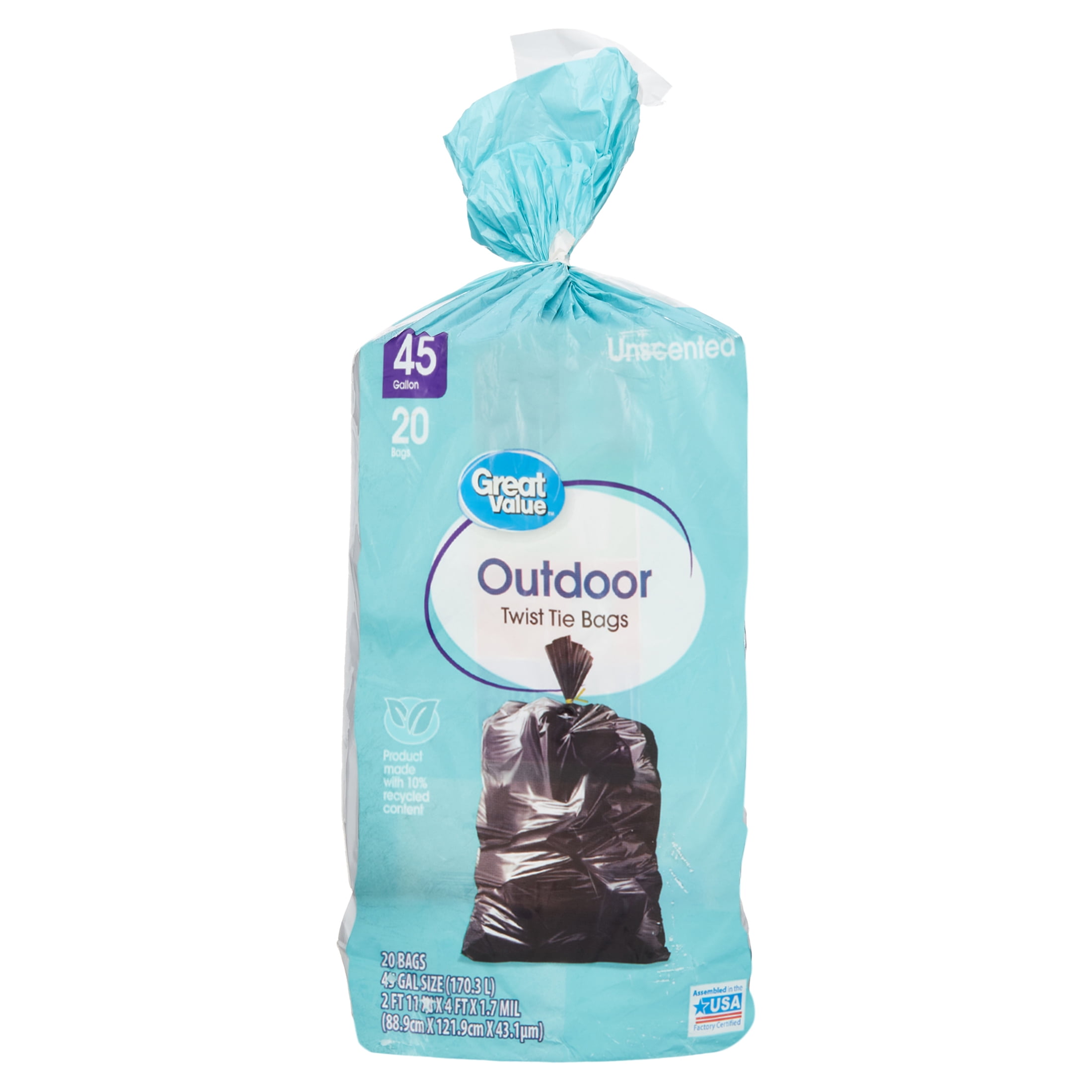 GREAT VALUE TWISTTIE CONTRACTOR BAGS WASTEBAGS 45 GALLON BLACK 20 Count