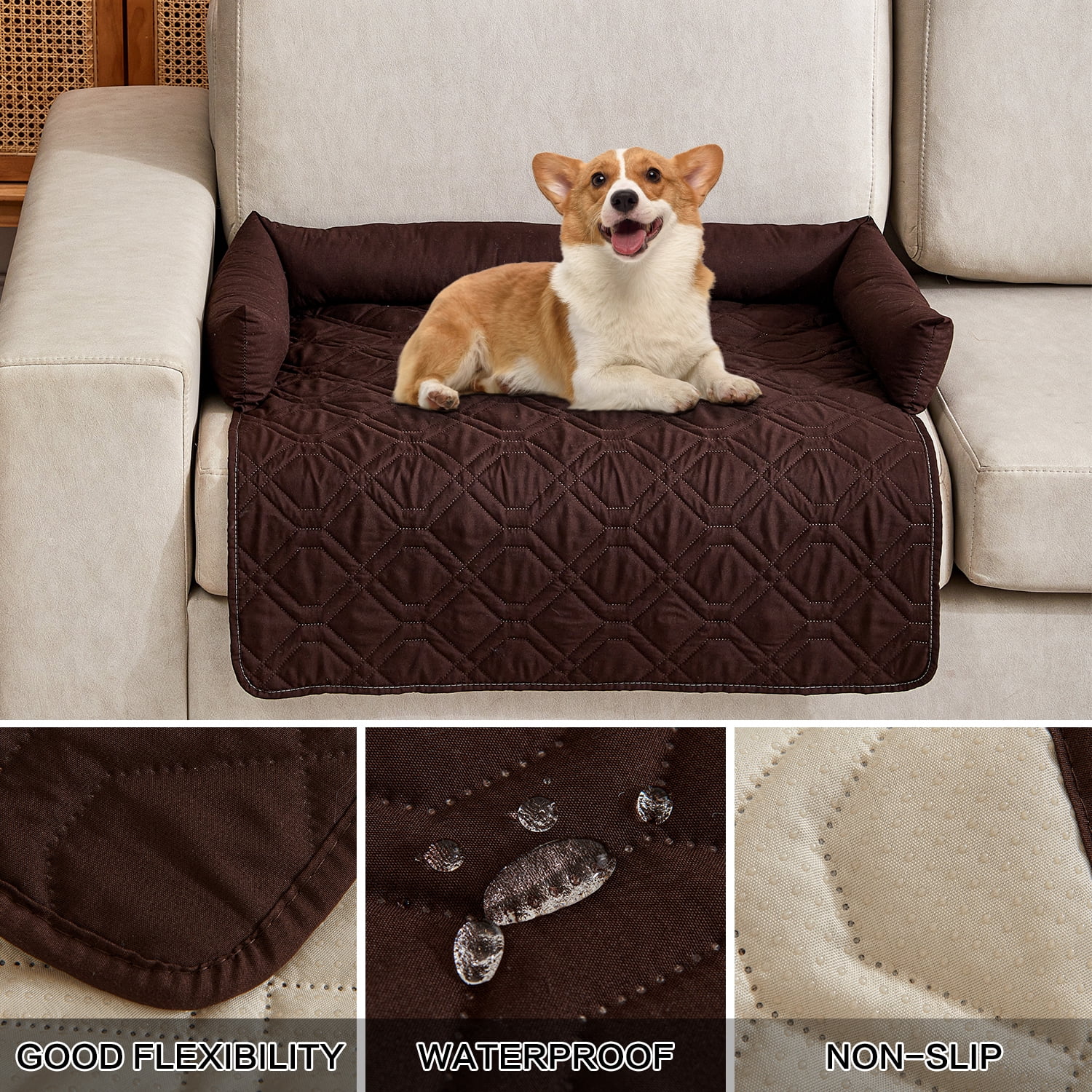 Suitable for Medium and Large Dogs Calm Pet Bed, Pet Furniture Protective Cover, Non-Slip Base, Side Pillow Pet Bed, Waterproof and Urine-Proof Fabric, Deodorant, Machine Washable Non-Slip