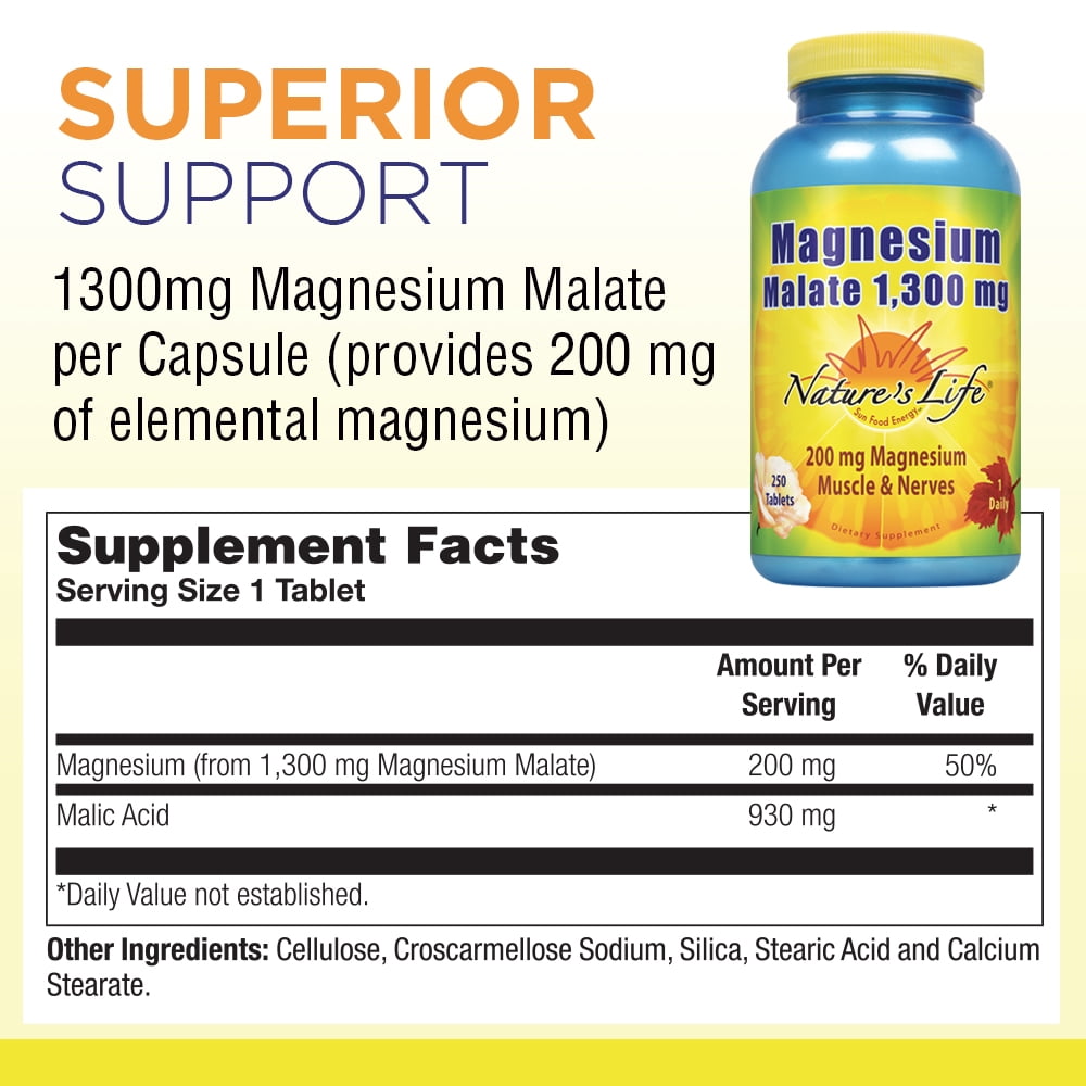 Nature's Life Magnesium Malate 1300mg | With Malic Acid for Maximum  Absorption | May Support Healthy Bones, Teeth & Nerve Function | Non-GMO |  250 Ct - Walmart.com