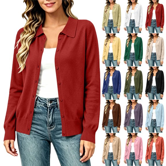 Womens Cardigan Sweaters Turned-down Collar Button Casual Outwear Long Sleeve Knitted Cardigan Hoodless Cardigan Sweater Coat for Fall and Winter