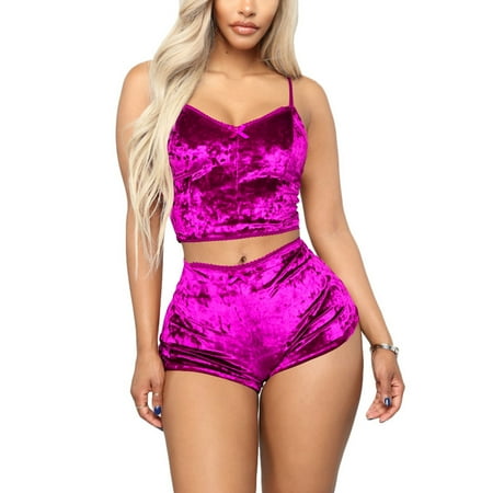 

Akmipoem Sexy Velvet Cami Pajama Short Set 2 Piece Sleepwear for Women Rose 2XL