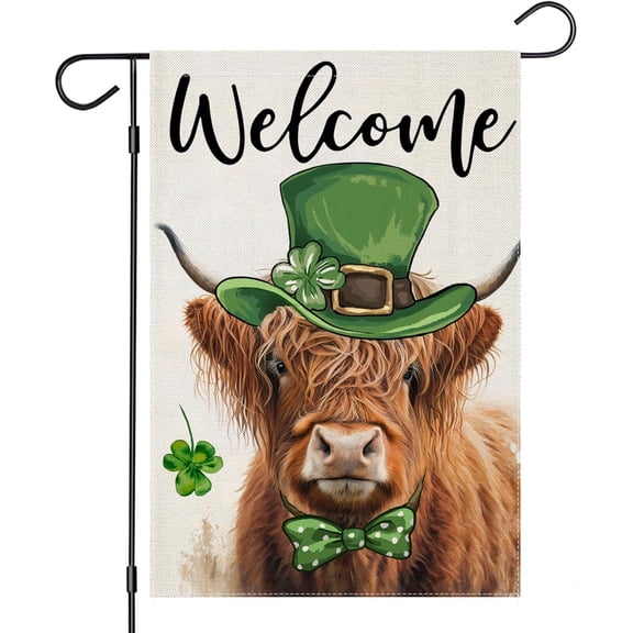 Welcome St Patricks Day Garden Flags for Outside, Highland Cow with Green Hat Lucky Shamrocks Yard Decoration, Small Seasonal Irish Outdoor Decor for Farmhouse Holiday,12x18 Inch Double Sided