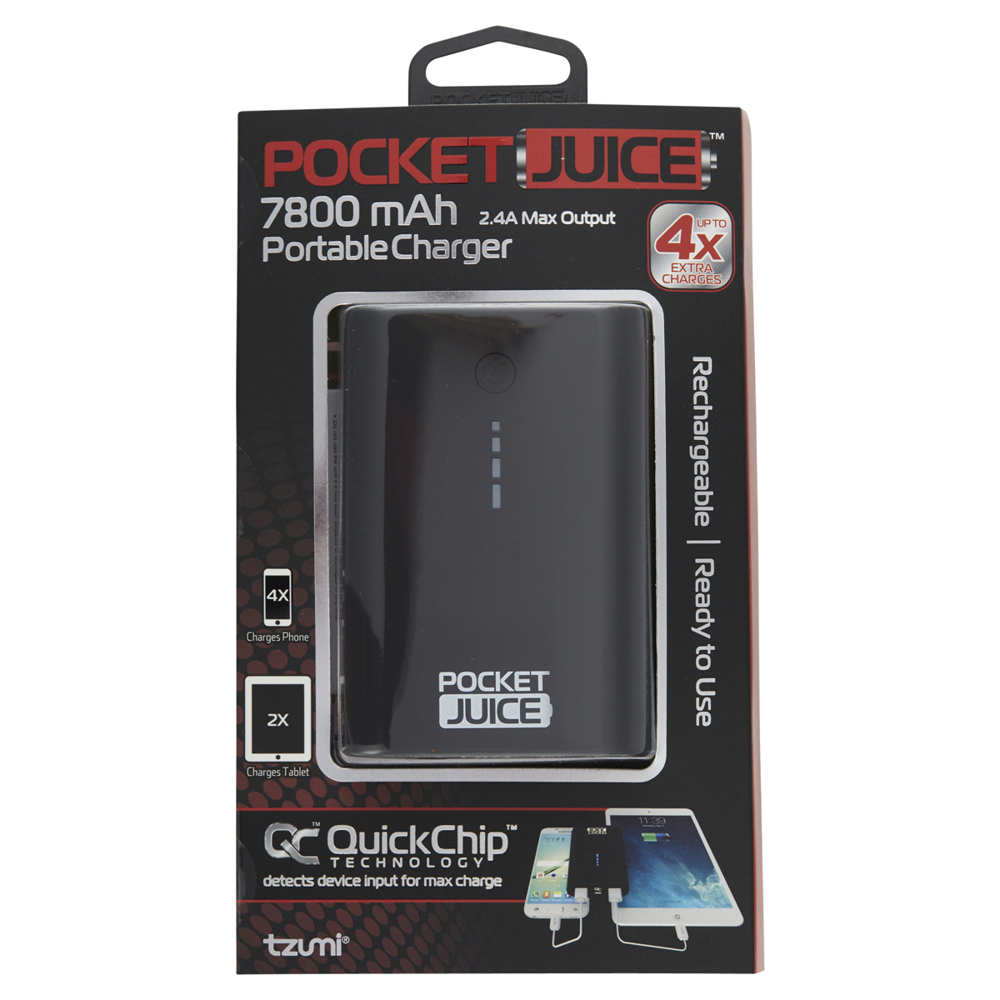 Tzumi Pocket Juice Portable Charge 7800 Mah 2.4 Max Output Rechargeable