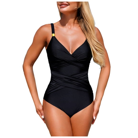 Yammkia Swim Suits for Women Women's Tummy Control One Piece Swimsuit Ruffle Bathing Suit Ruched Slimming Swimwear(Black,L)