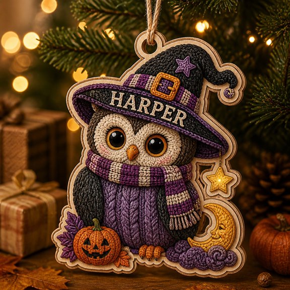 2-Layer Wooden Ornament Owl Wearing Witch Hat Wooden Hanging Decoration for Halloween Crochet Fans