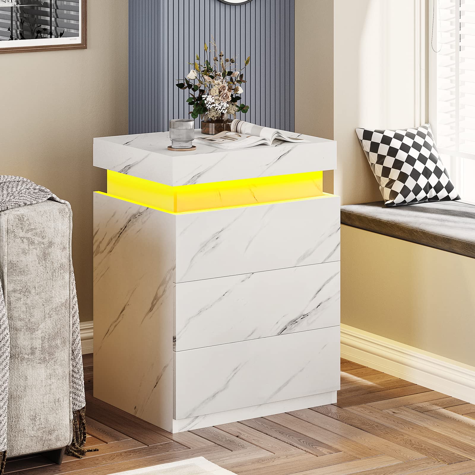 Modern LED Nightstand with 3 Drawers , White Nightstand Bedside Table Storage with Drawer Charging Station for Bedroom,USB Port,Smart Night Table with Sliding Top,2Pcs