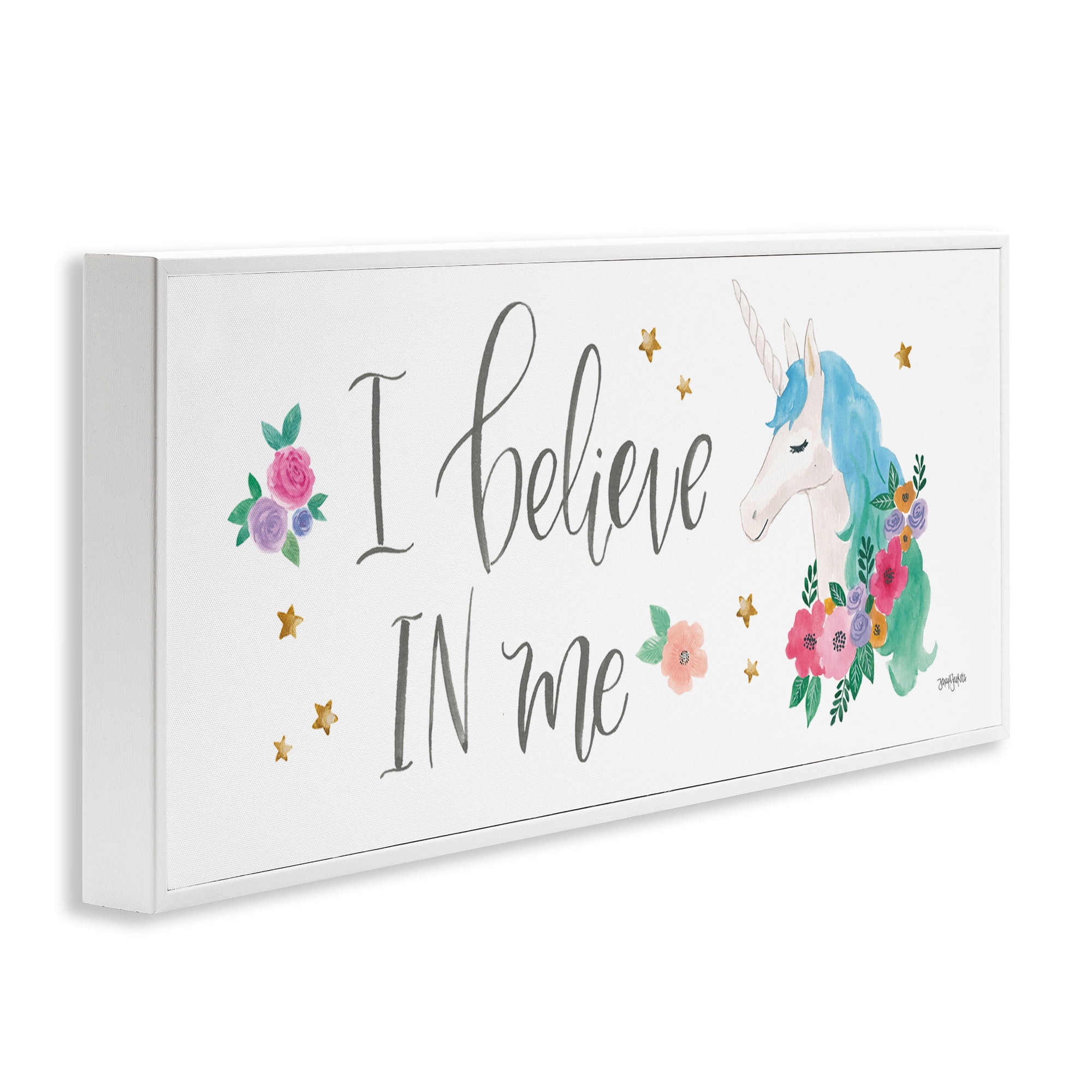 Stupell Industries Believe In Me Blue Unicorn Art for Kids Painting White Framed Art Print Wall Art, 30 x 13