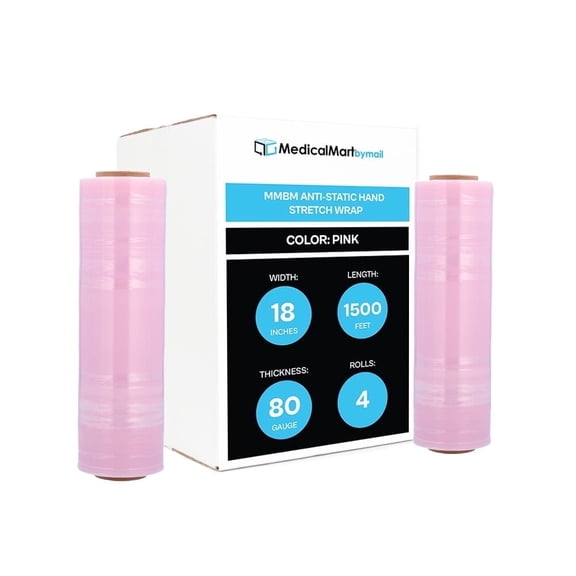 MMBM Anti-Static Hand Wrap 18" x 1500' 4 Rolls 80 Gauge Pink Plastic Shrink Film for Palletizing Packing Electronics