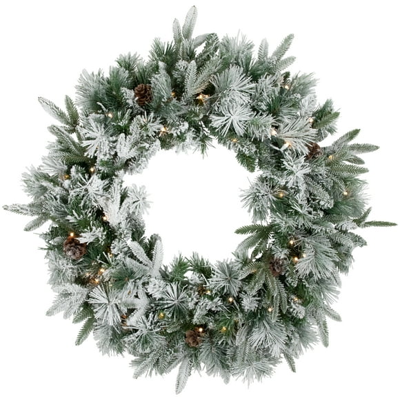 Northlight Pre-Lit Flocked Rosemary Emerald Angel Pine Artificial Christmas Wreath - 30-Inch, Clear LED Lights