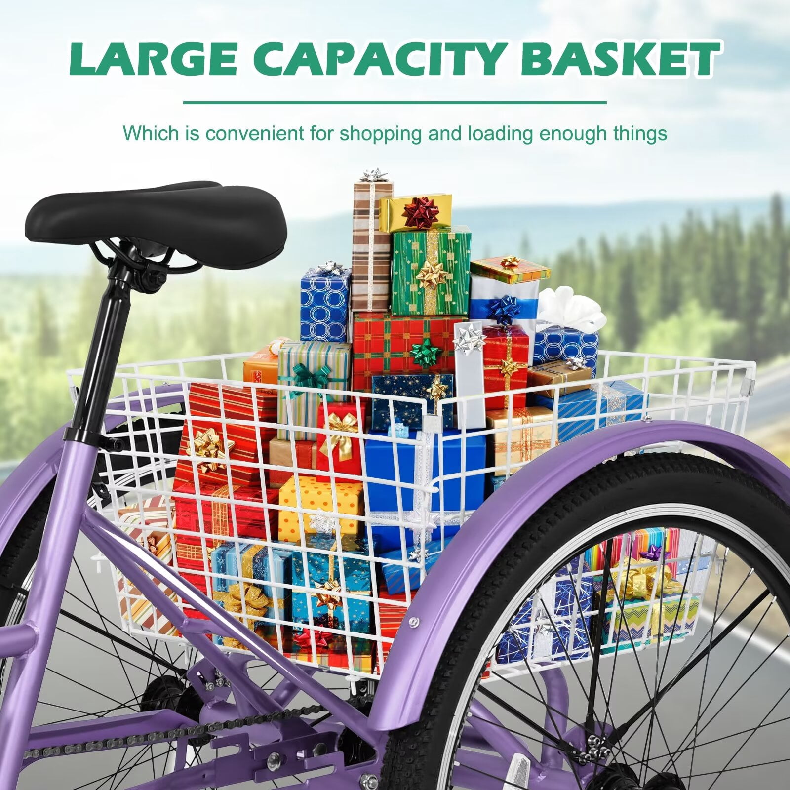 MOPHOTO 24" Mountain Tricycle for Women, 7 Speed Adult Cruiser Trike, Bicycle for Senior, Shopping 3 Wheel Bicycle with Rear Basket