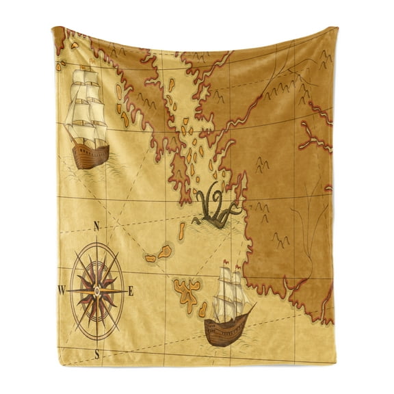 Kraken Soft Flannel Fleece Throw Blanket, Old Map with Compass and Ship Continent and Kraken Design Print, Cozy Plush for Indoor and Outdoor Use, 50" x 60", Pale Brown Yellow, by Ambesonne
