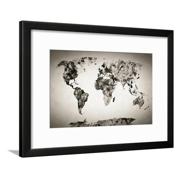 Watercolor World Map Black and White Paint on Paper, Retro Style HD Quality, Framed Art Print Wall Art by Michal Bednarek Sold by Art.Com