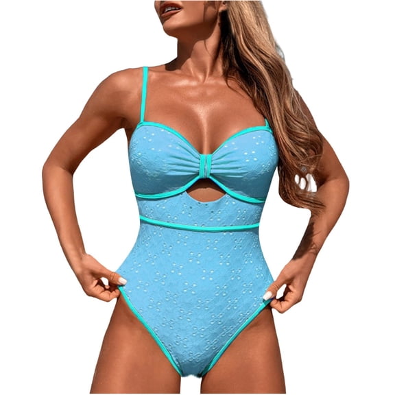 Women's Cut Out Colorblock One Piece Swimsuit Tie Back Swimwear Bathing Suit Blue XL