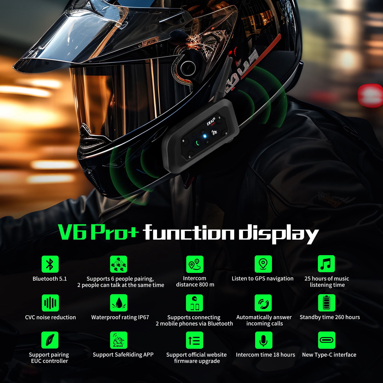 EJEAS V6 Bluetooth Motorcycle Helmet Intercom Headset 1200M 850mAh Motorbike Interphone Headphone 6 Riders for Riding(Dual)