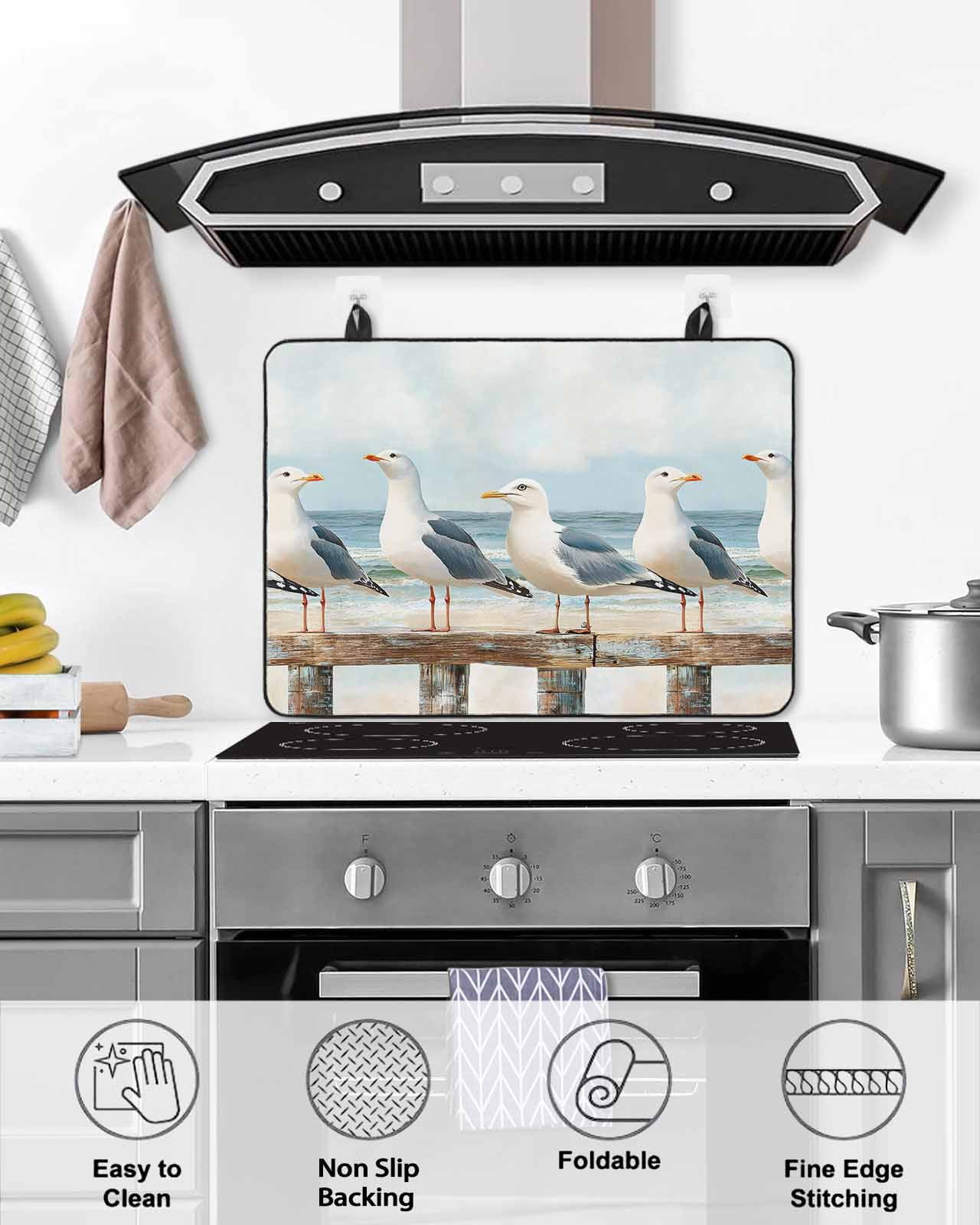 nqOlkjepod Large Induction Cooktop Protector Mat 31"x24", Coastal Seagull Stove Top Covers for Electric Stove, Summer Beach Ocean Bird Watercolor Stove Burner Cover Mats, Glass Top Stove Cover