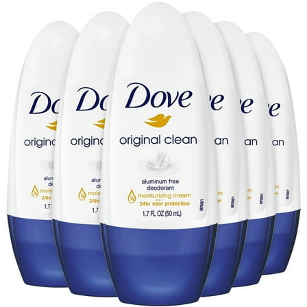 Dove Aluminum-Free Deodorant for Women, Original Clean Roll-On 6-Pack – ¼ Moisturizing Cream Formula with 24H Odor Protection, 1.7 Fl Oz Ea