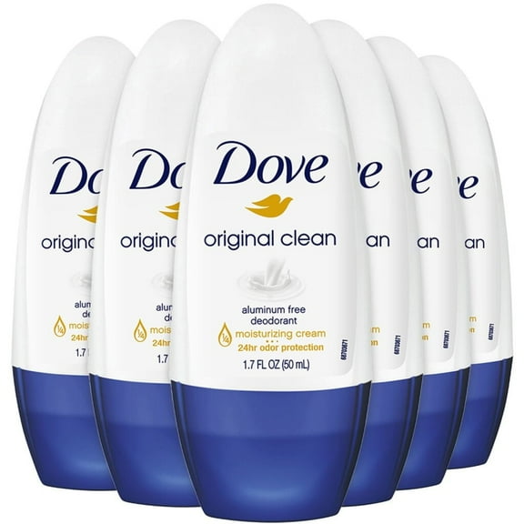 Dove Aluminum-Free Deodorant for Women, Original Clean Roll-On 6-Pack – ¼ Moisturizing Cream Formula with 24H Odor Protection, 1.7 Fl Oz Ea