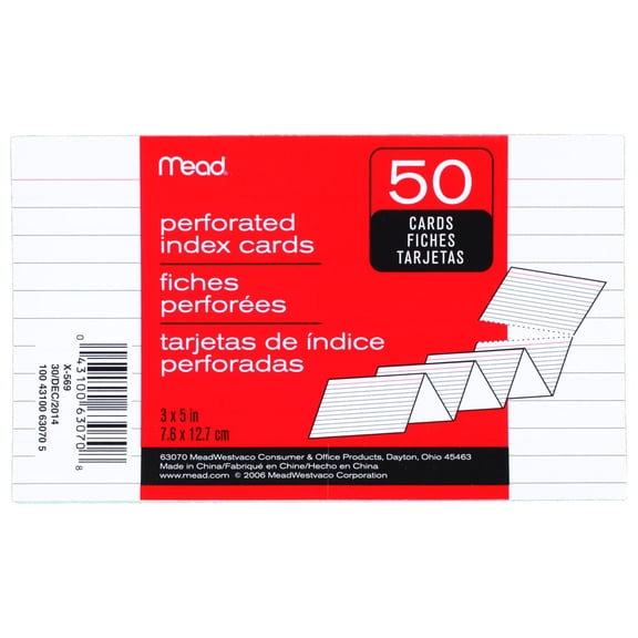 Mead Perforated Index Cards, 3" x 5"