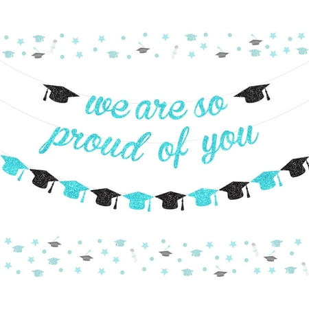 Sale Teal Glitter We Are So Proud Of You Banner - Turquoise Graduation Banner Grad Cap Garland For Senior High School College 2023 Graduation Grad Party Decorations