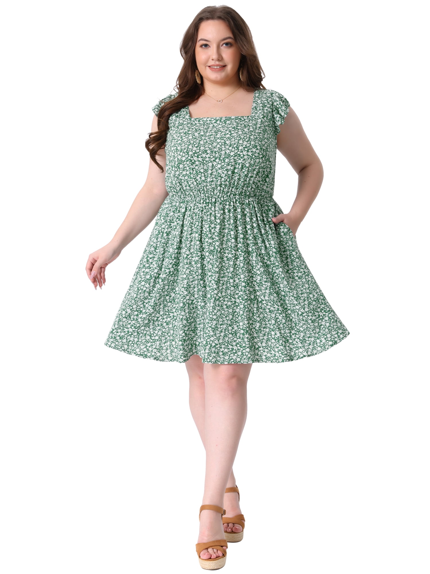 DARING DIVA Women's Plus Size Square Neck Ruffle Short Sleeve Midi Dress 3X Light Green