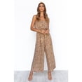 thumbnail image 3 of Women's Off Shoulder Jumpsuit Printed Belted Elastic Waist Wide Leg Romper with Pockets, Apricot, Small, 3 of 5
