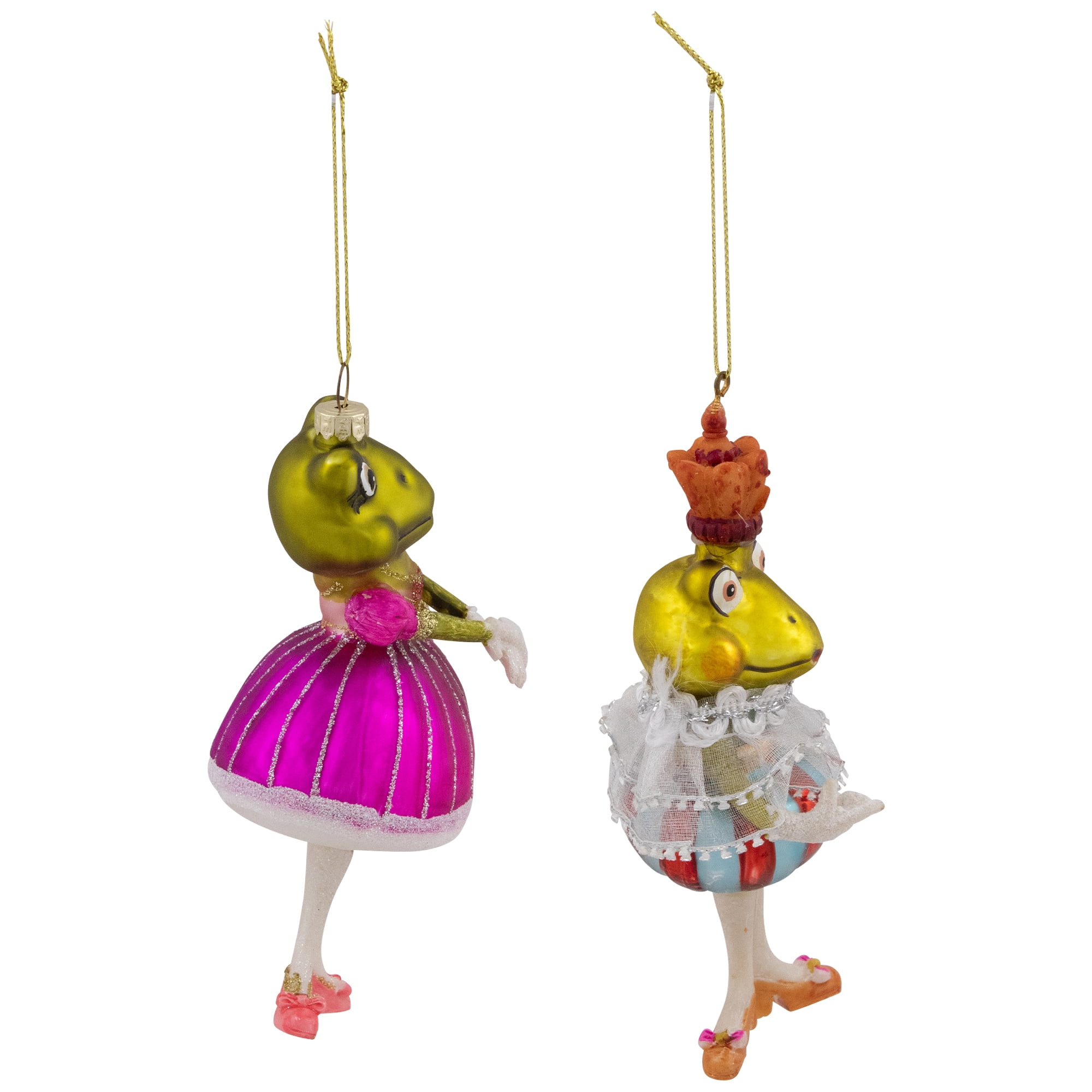 Royal Ballerina Frogs Glass Christmas Ornaments - 6" - Multicolor - Set of 2