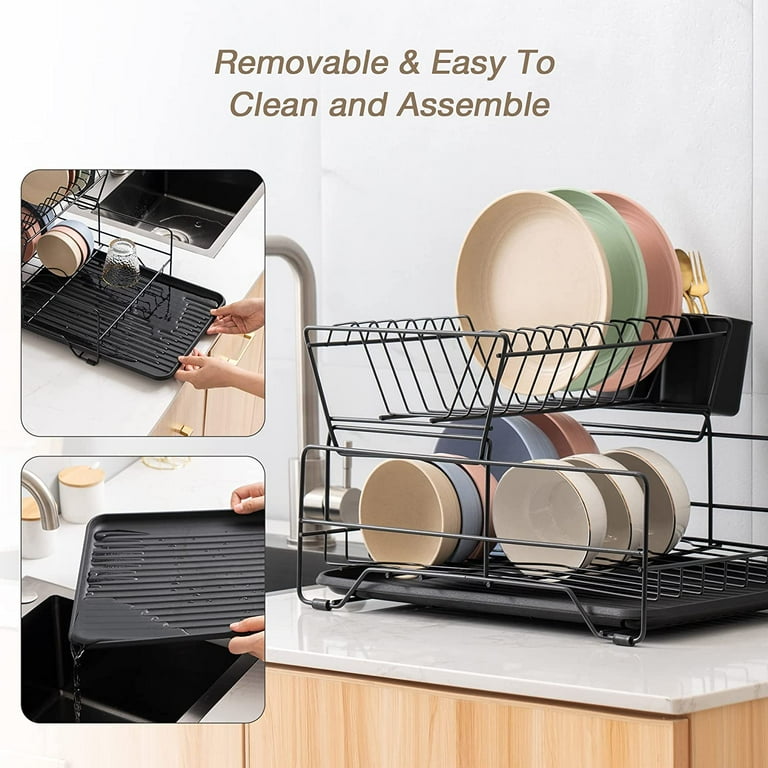 Home Shark 2 Tier Dish Drainer Rack Set, White Counter Rust-Resistant Draining Dish Rack Drainer for Kitchen