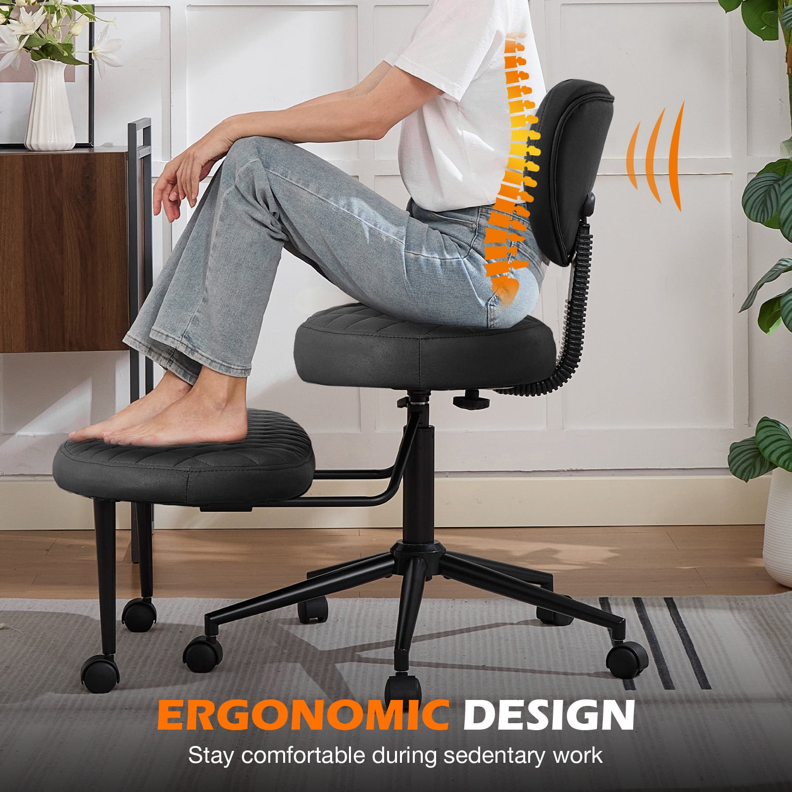 JONPONY Ergonomic Cross Legged Swivel Chair, ADHD Office Chair, Meditation Chair with Lumbar Support, Adjustable Height and Retractable footrest, Home and Office, Black