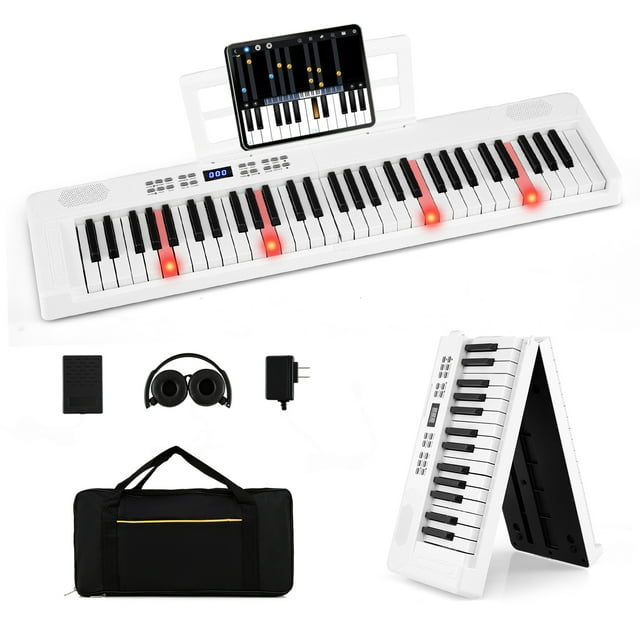 Gymax Clavier de Piano Pliable à 61 Touches avec Fonction de Séparation Midi, Écouteurs, Pédale de Sustain, Blanc